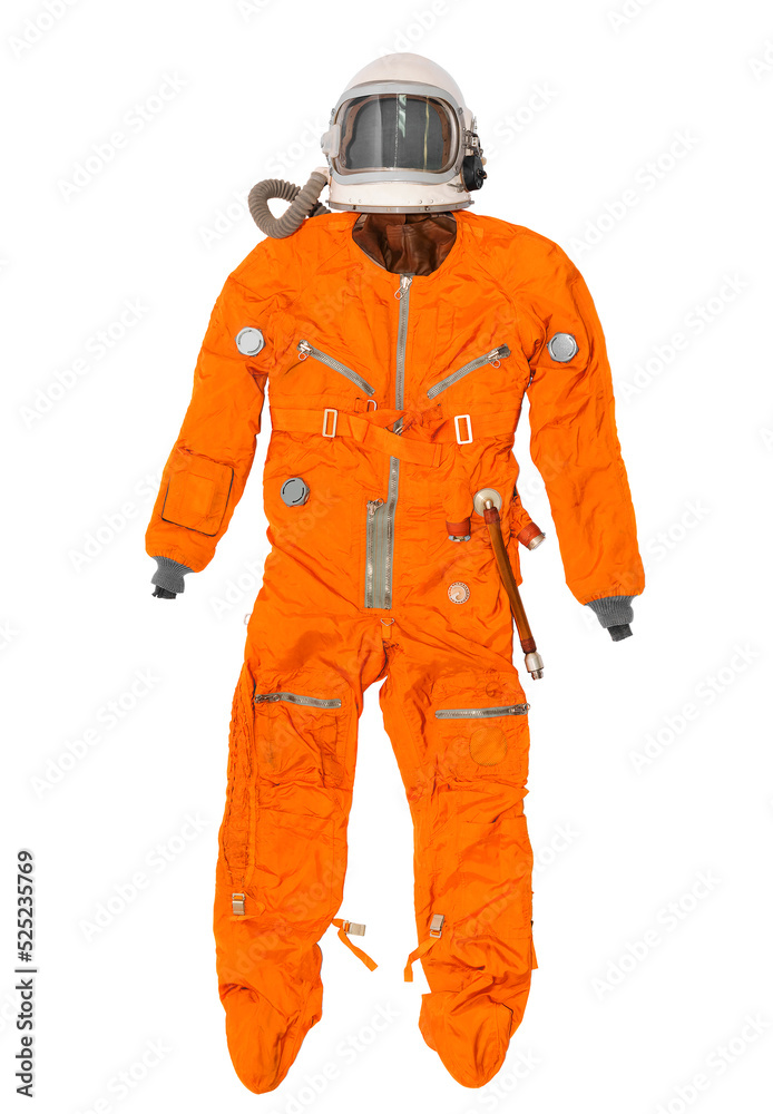 Cosmonaut space suit and astronaut helmet concept isolated on the white background. Top view.