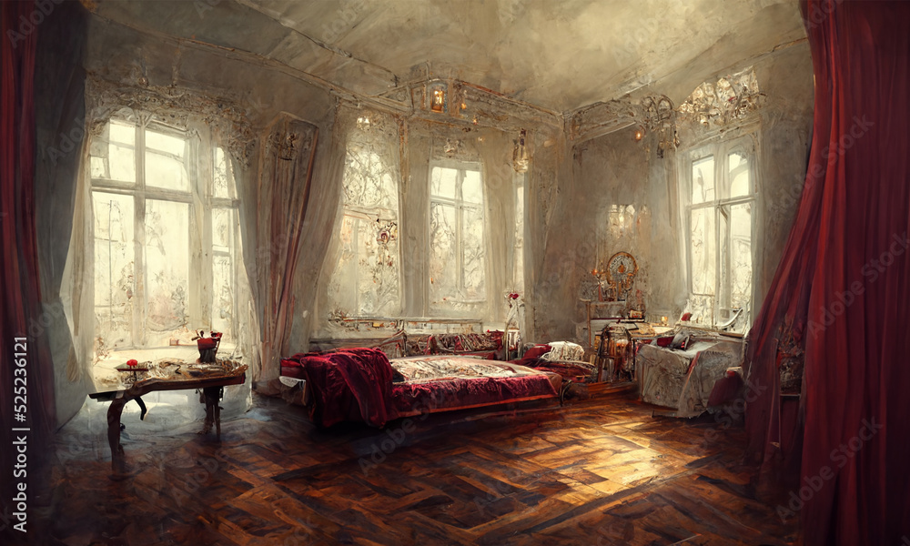 Fototapeta premium old abandoned elegant room , cinematic light atmospher , digital illustration,