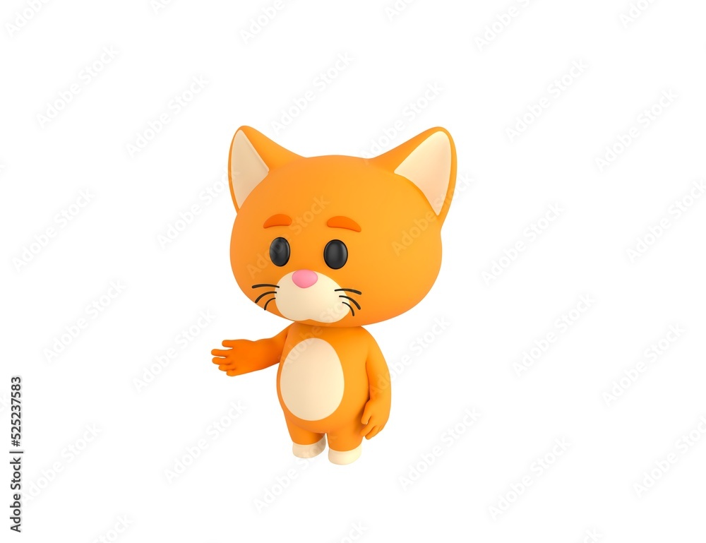Orange Little Cat character introducing in 3d rendering.