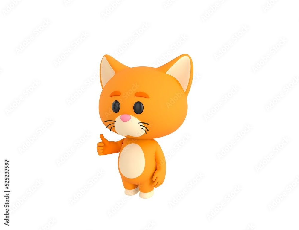 Orange Little Cat character showing thumb up in 3d rendering.