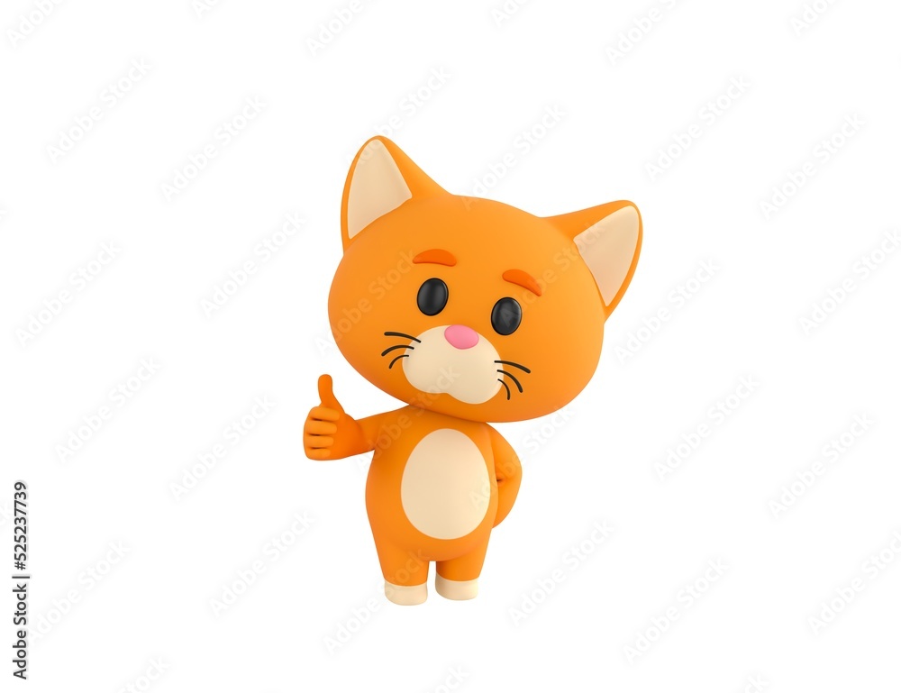 Orange Little Cat character showing thumb up with right hand in 3d rendering.