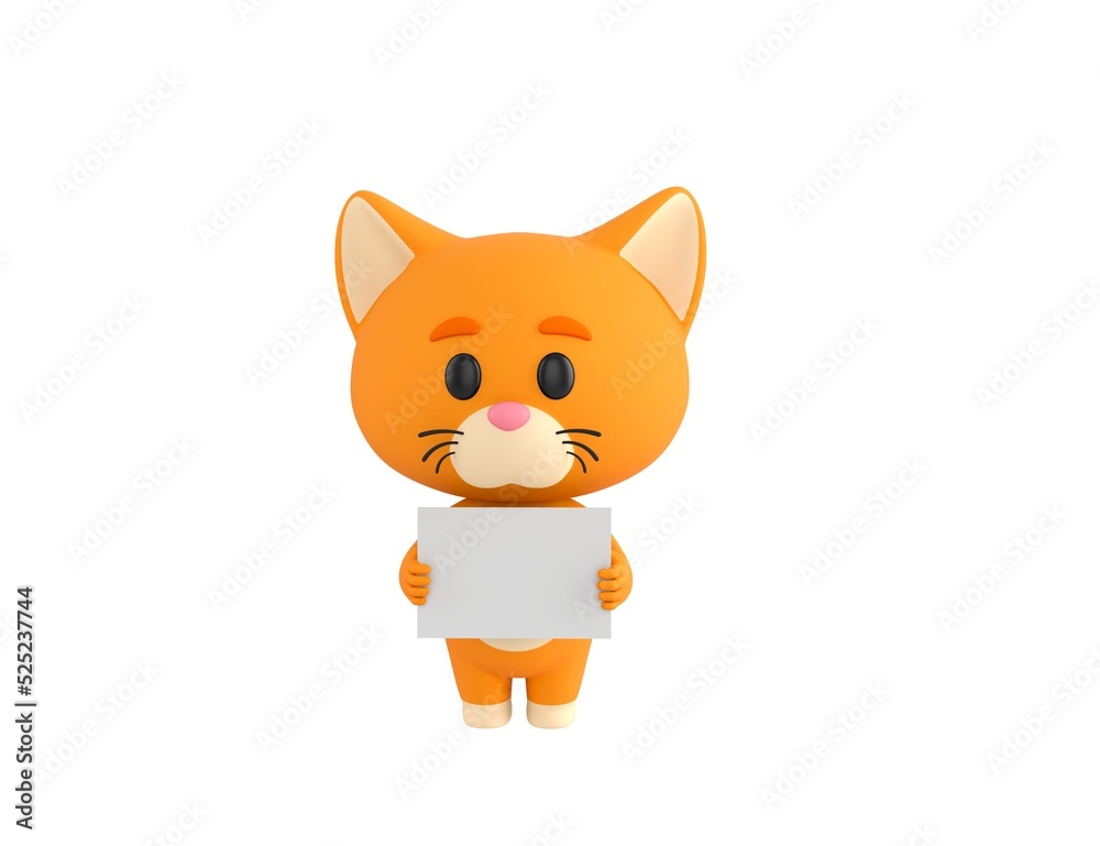 Fototapeta premium Orange Little Cat character holding a blank billboard in 3d rendering.