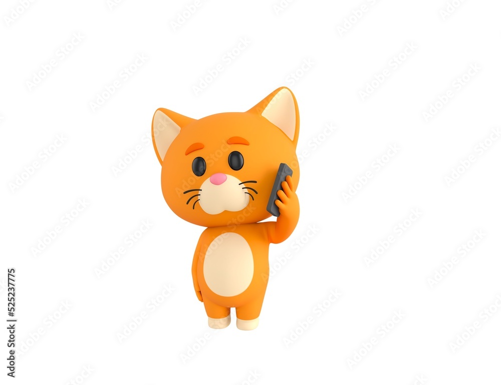 Orange Little Cat character holding smartphone near ear in 3d rendering. Orange Little Cat character holding smartphone near ear in 3d rendering.