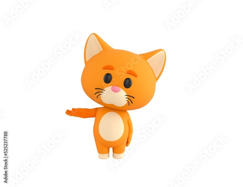 Orange Little Cat character looking to camera and pointing hand to the side in 3d rendering.