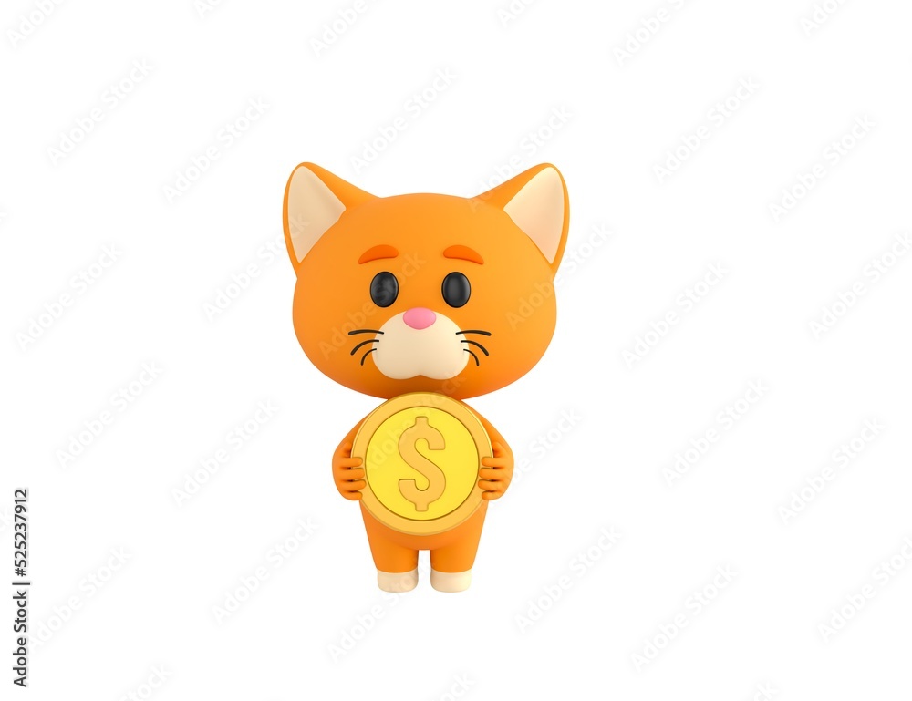 Obraz premium Orange Little Cat character holding golden dollar coin in 3d rendering.