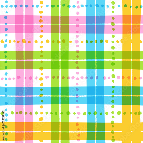 Pastel Rainbow Cute Line Stripe Striped Dash Line Dot Plaid Checkered Scott Tartan Gingham Bright Color Colorful Summer Cartoon Vector Seamless Pattern Textile Fabric Print Background