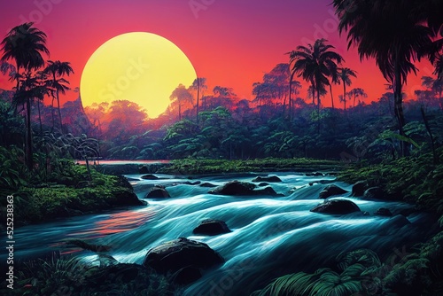 Retro synthwave unexplored amazon jungle river with intense bright hazy 80's reddish orange sunset - tall dense overgrown tropical vegetation and palm trees paradise nostalgia.