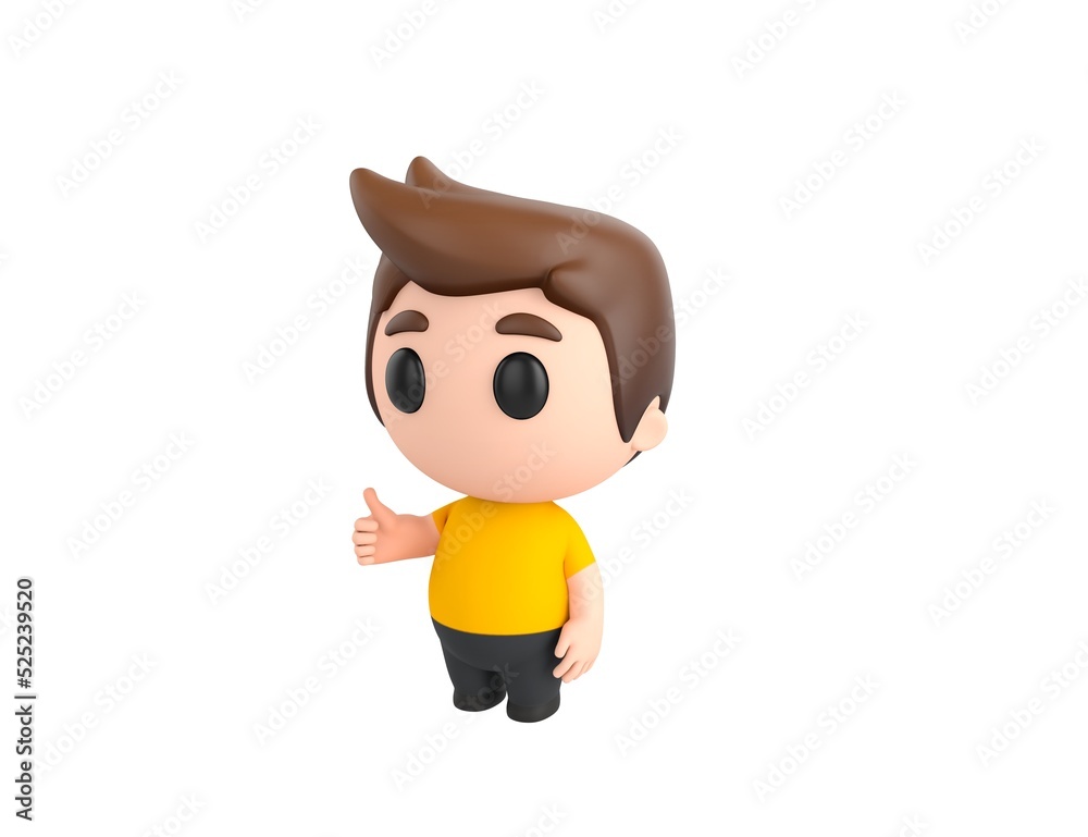 Little boy wearing yellow shirt character showing thumb up in 3d rendering.