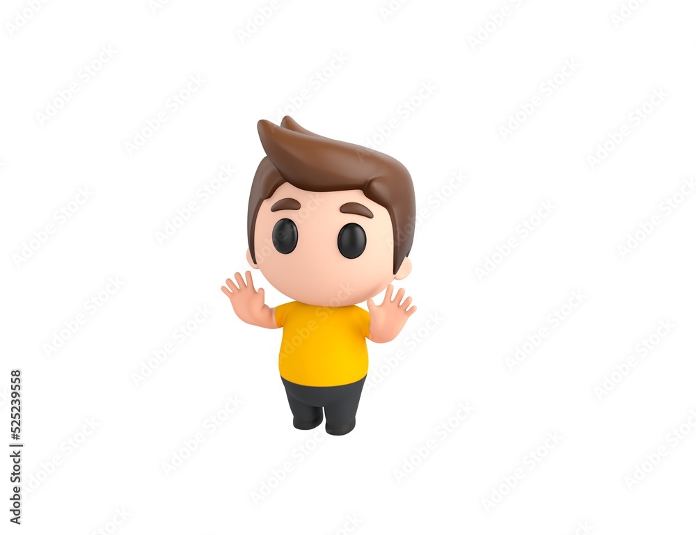 Little boy wearing yellow shirt character raising hands and showing palms in surrender gesture in 3d rendering.