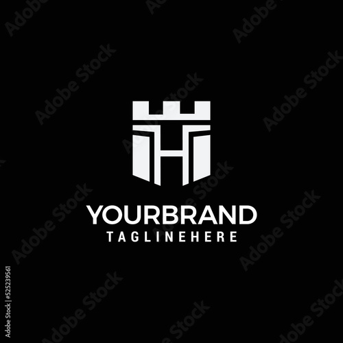 Fortress shield initial H E logo template vector