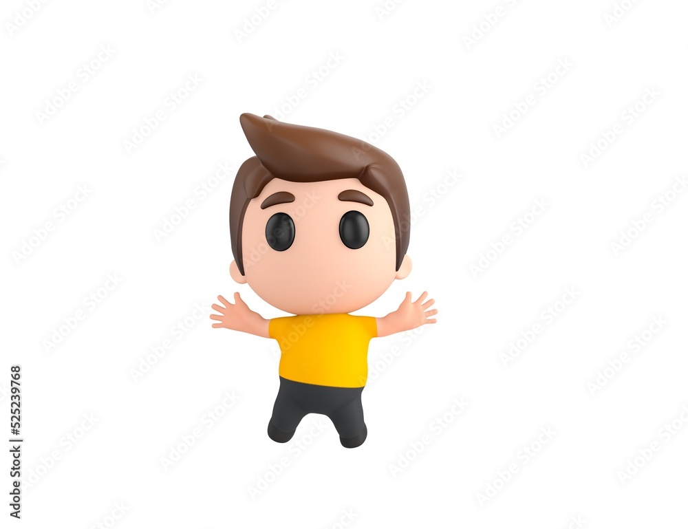 Little boy wearing yellow shirt character jumping in 3d rendering.