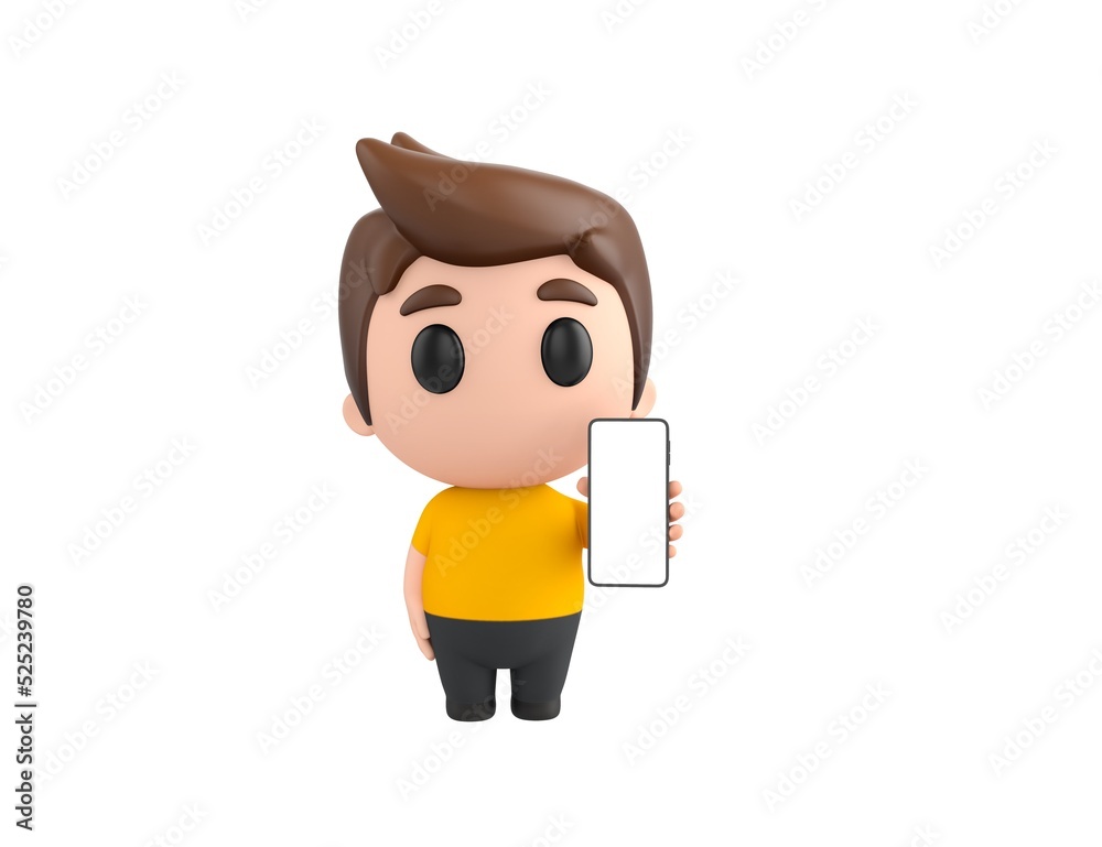 Little boy wearing yellow shirt character showing his phone in 3d rendering.