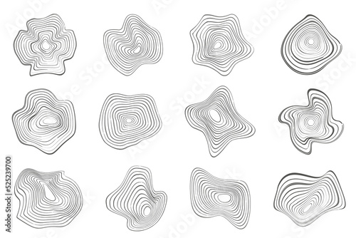 Tree rings organic patterns. Topography line circles. Nature wavy contour shapes. Topographic vector icons.