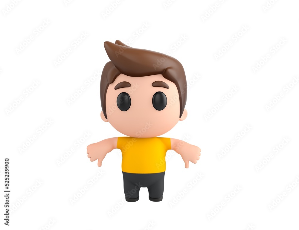 Little boy wearing yellow shirt character showing thumb down with two hands in 3d rendering.