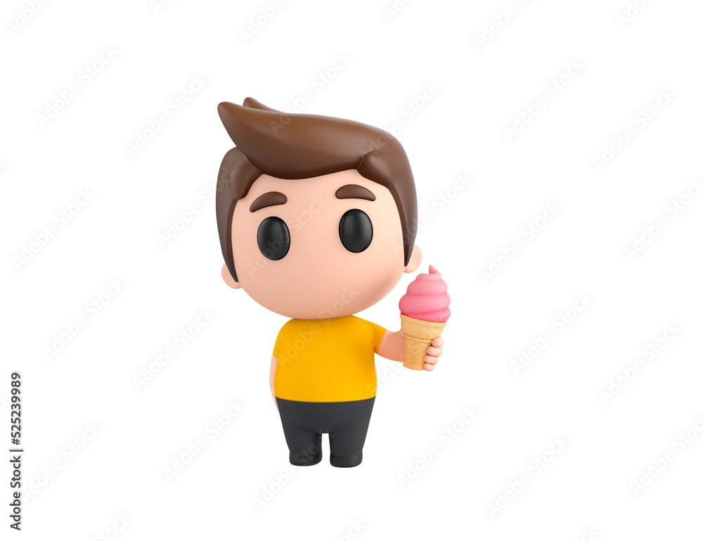 Little boy wearing yellow shirt character holding strawberry ice cream cone in 3d rendering.