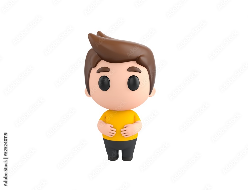 Little boy wearing yellow shirt character keeps both hands on belly in 3d rendering.