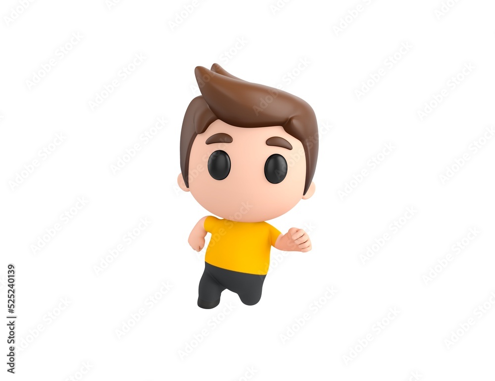 Little boy wearing yellow shirt character running front view in 3d rendering.