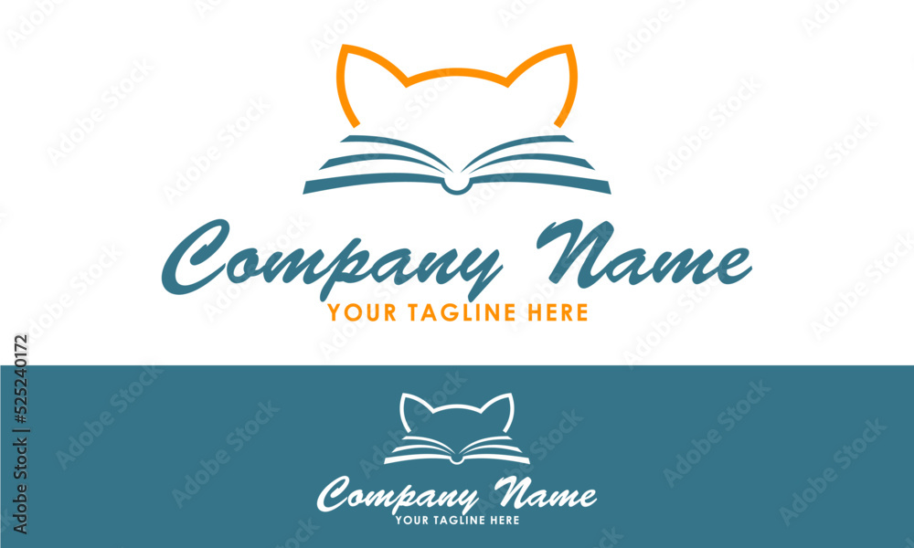 Green and Orange Color Abstract Line Art Cat Open Book Logo Design