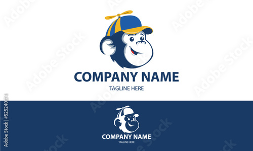 Green Color Animal Monkey Head with Hat Logo Design