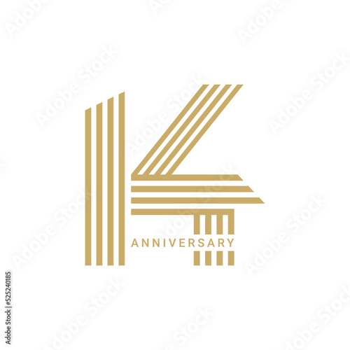 14th, 14 Years Anniversary Logo, number, Golden Color, Vector Template Design element for birthday, invitation, wedding, jubilee and greeting card illustration.