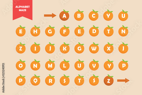 Alphabet maze for children from A-Z. Kids puzzle concept. Flat vector illustration isolated.