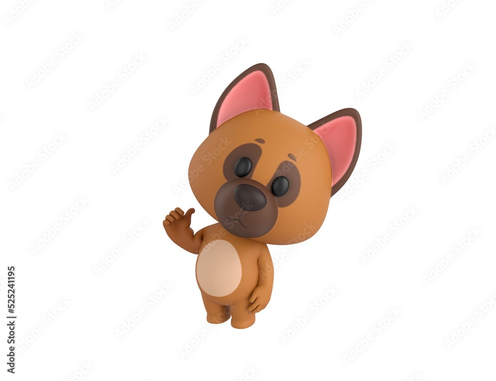 German Shepherd Dog character pointing back thumb up empty space in 3d rendering.