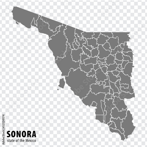 State Sonora of Mexico map on transparent background. Blank map of Sonora with regions in gray for your web site design, logo, app, UI. Mexico. EPS10.