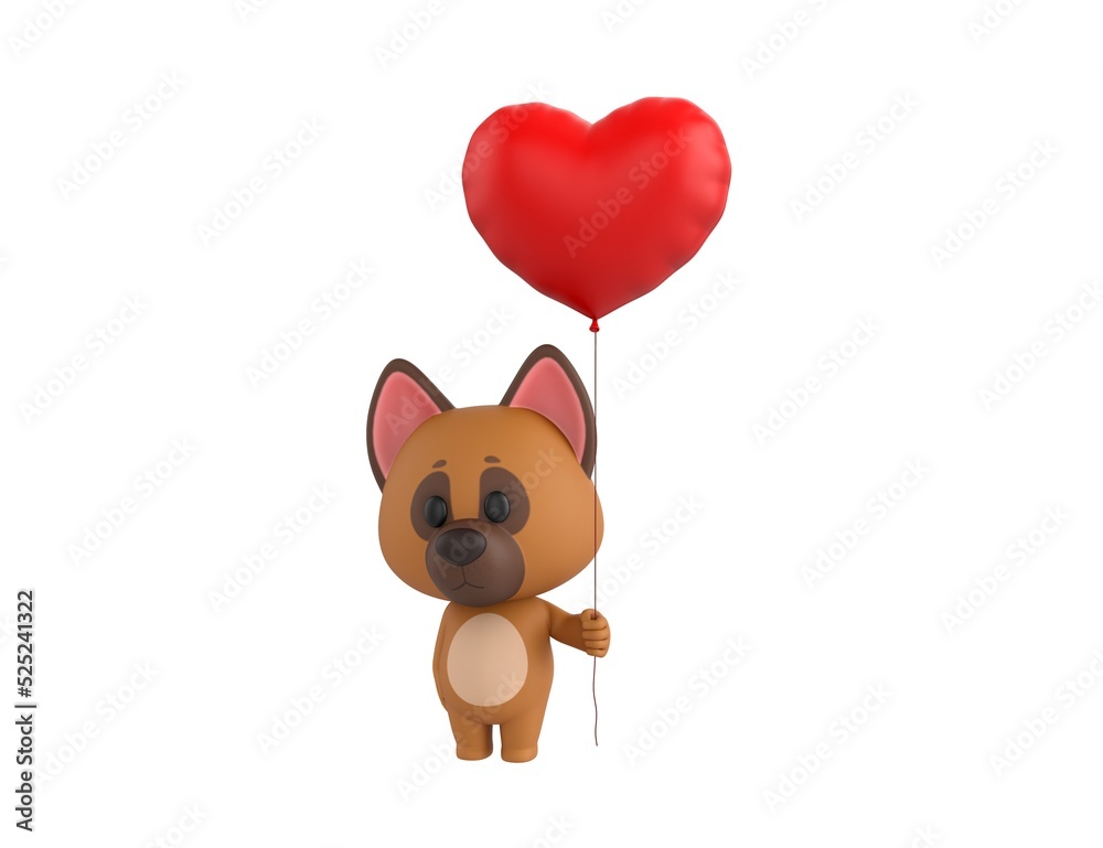 Fototapeta premium German Shepherd Dog character holding heart balloon in 3d rendering.