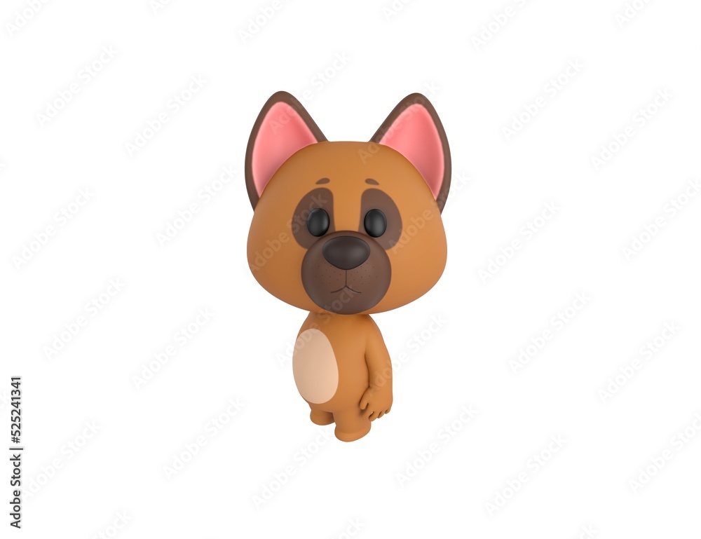 German Shepherd Dog character standing and look up to camera in 3d rendering. German Shepherd Dog character standing and look up to camera in 3d rendering.