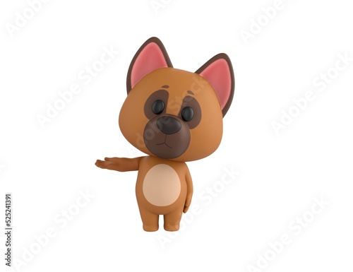 German Shepherd Dog character looking to camera and pointing hand to the side in 3d rendering.