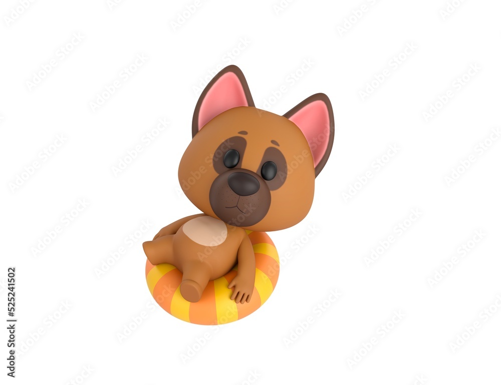 Naklejka premium German Shepherd Dog character sitting on the inflatable ring in 3d rendering.