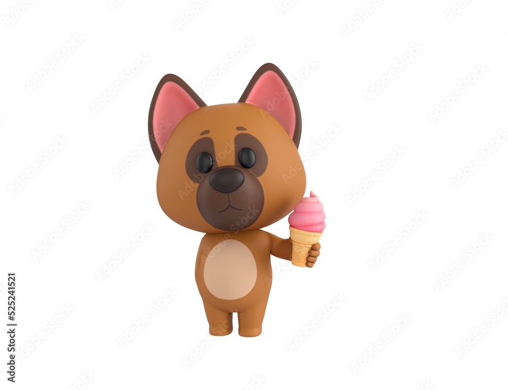 Obraz premium German Shepherd Dog character holding strawberry ice cream cone in 3d rendering.