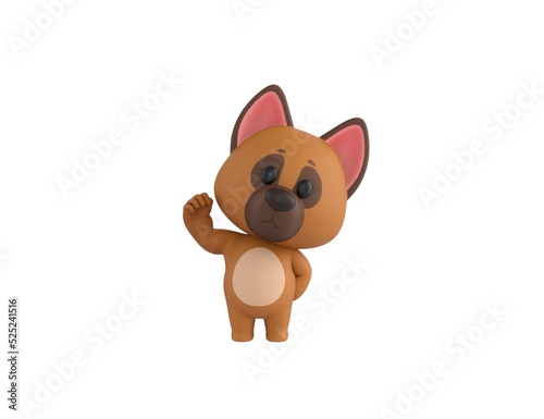 German Shepherd Dog character raising right fist in 3d rendering.