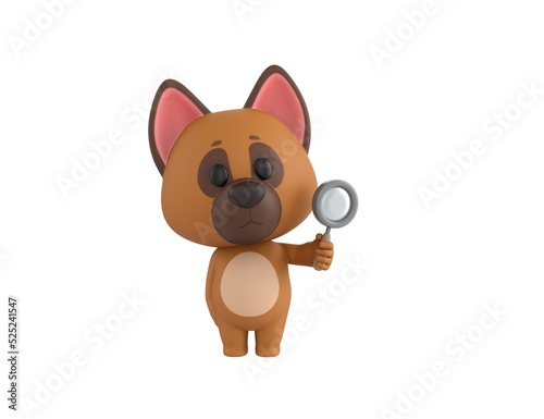 German Shepherd Dog character holding magnifying glass in 3d rendering.