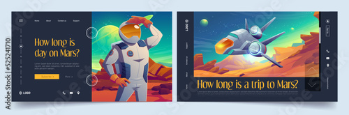 Mars exploration banners with spaceman and spaceship flying above red planet surface. Vector landing pages with cartoon illustration of alien planet landscape with shuttle and astronaut in suit