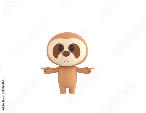Little Sloth character pointing finger two side in 3d rendering.