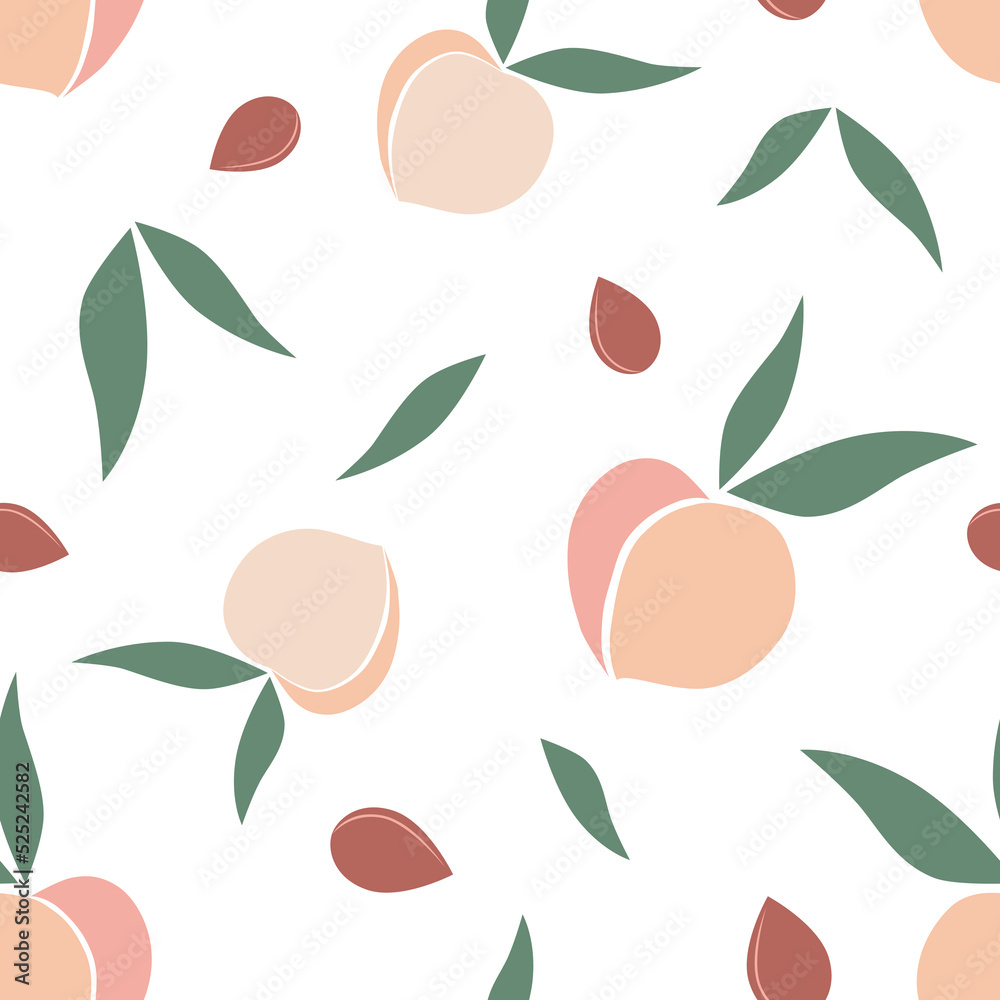Seamless pattern - the image of peaches, leaves and peach pits. Seamless pattern - the image of peaches, leaves and peach pits.