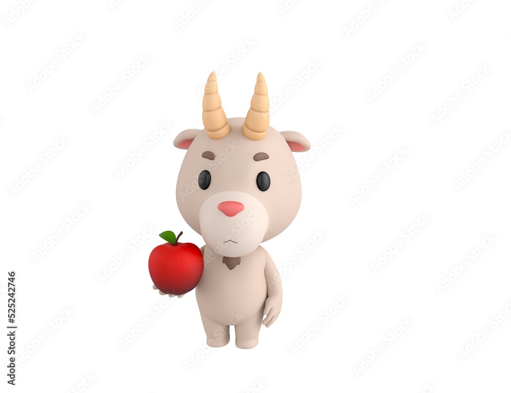 Little Goat character holding red apple in 3d rendering.
