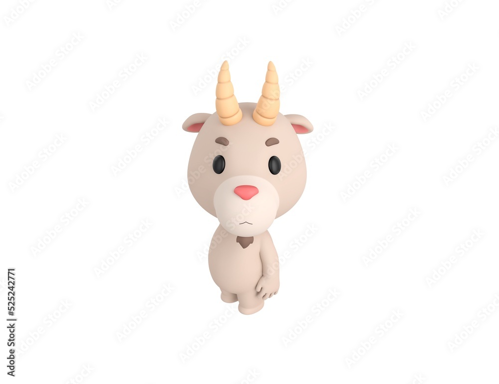 Little Goat character standing and look up to camera in 3d rendering.