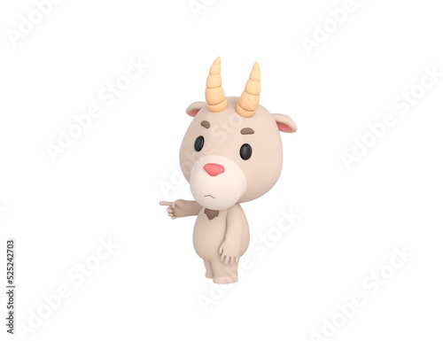 Little Goat character pointing index finger to the left in 3d rendering.