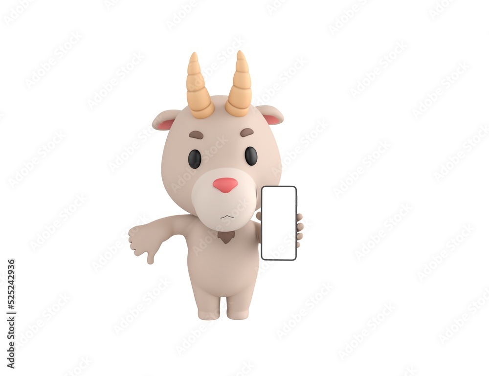 Little Goat character show his phone and give thumb down in 3d rendering.