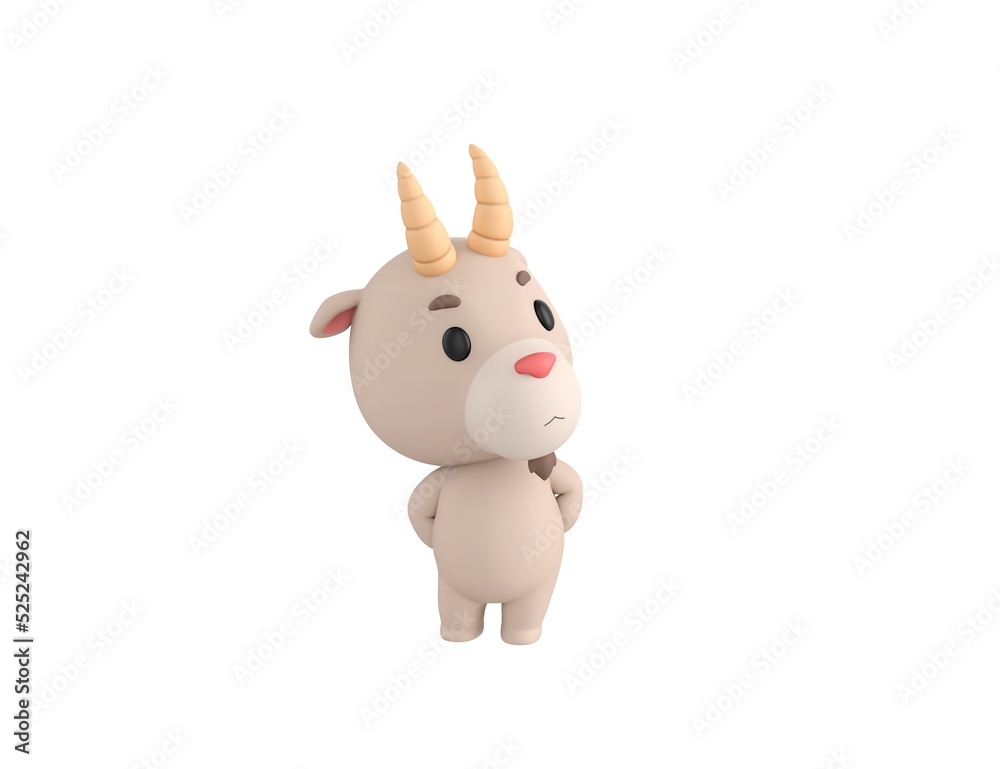 Obraz premium Little Goat character hides hands behind back and look up in 3d rendering.