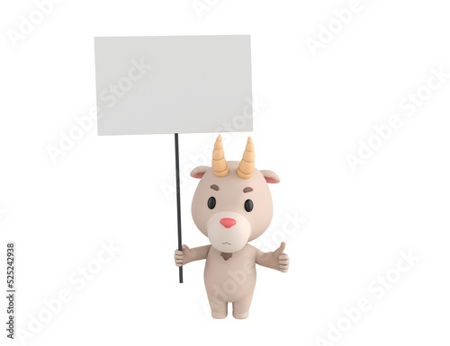 Little Goat character holding a blank billboard and give thumb up in 3d rendering. © Baria