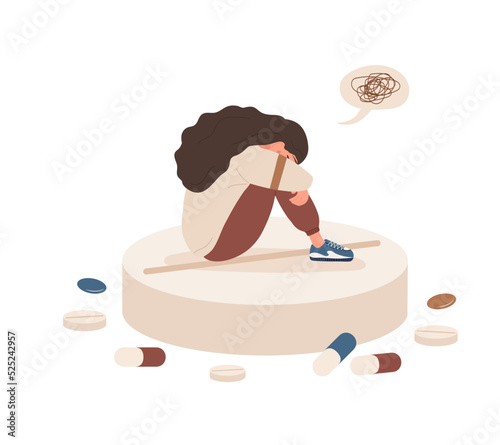 Depressed woman sitting on huge pill. Sad girl with headache. Mental disorders concept. Antidepressants, vitamins and hormonal medications. Vector illustration in flat cartoon style.