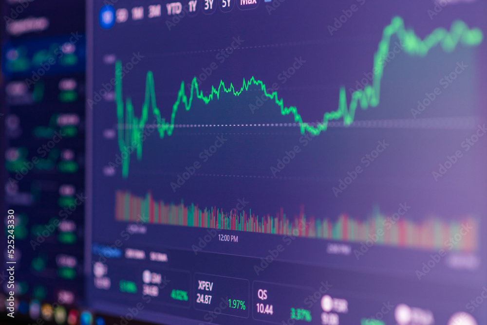 Stock market upwards chart on the screen. Selective focus.Low angle. Stock market upwards chart on the screen. Selective focus.Low angle.