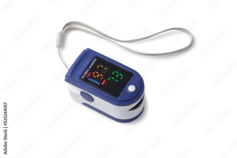 Pulse oximeter device for measuring the amount of oxygen in the blood on white background Pulse oximeter device for measuring the amount of oxygen in the blood on white background