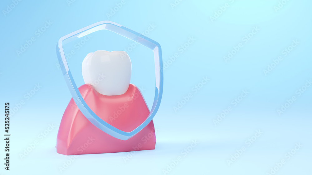 Healthy teeth and healthy gum with shield on blue background. 3D rendering.