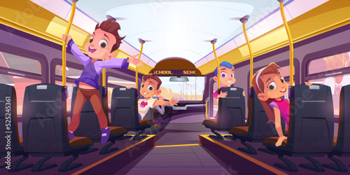 Happy children in school bus inside. Passenger cabin interior of transport with kids travel to school or excursion. Yellow bus with pupils on seats and driver, vector cartoon illustration