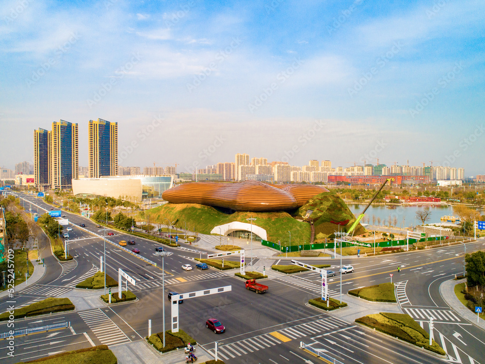 Aerial photography Liyang Museum, Liyang Culture and Art Center, Liyang Yanhu Park, Liyang City, Changzhou City, Jiangsu Province, China