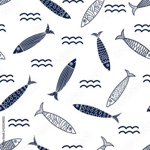 Cute sardines and waves.  Seamless pattern. Can be used in textile industry, paper, background, scrapbooking.